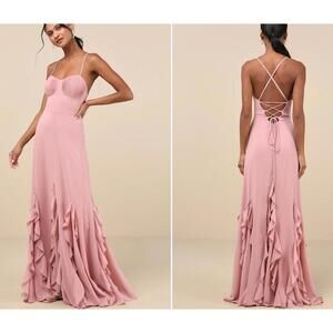 Lulus Priela Pink Ruffled Lace Up Maxi Dress Deep Rose, Size Small   SAMPLE